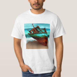 砂浜に捨てられた船ビーチ Tシャツ