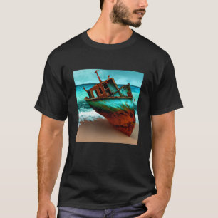 砂浜に捨てられた船ビーチ Tシャツ