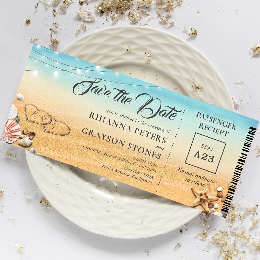 砂浜のハートのセーブ・ザ・デート招待状 ボーディングパス風 セーブザデート