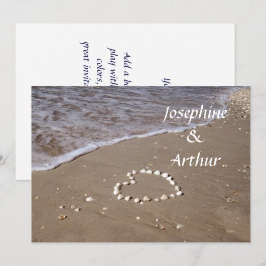 砂浜のハート - 横 招待状 (正面/裏面)