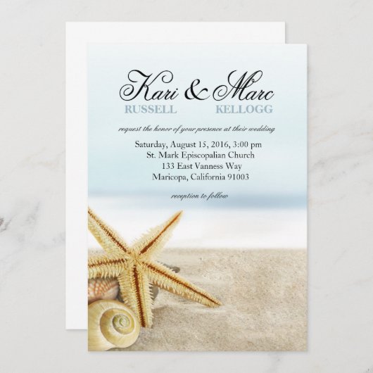 砂浜のヒトデの貝殻の結婚 招待状 (正面/裏面)