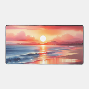 砂浜の上に水色の夕日が沈むビーチ デスクマット