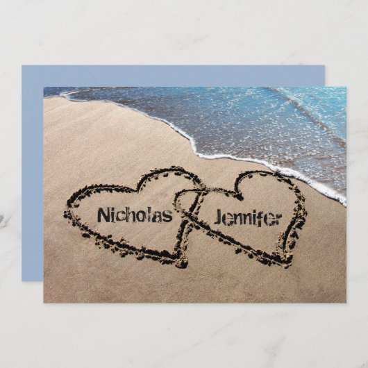 砂浜の二つのハートのウェディング招待状 招待状 (正面/裏面)