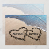 砂浜の二つのハートのビーチウェディング招待状 招待状 (正面/裏面)