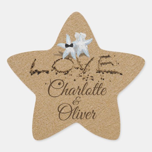 砂浜の星型魚の愛のタイポグラフィーシール 星シール (正面)