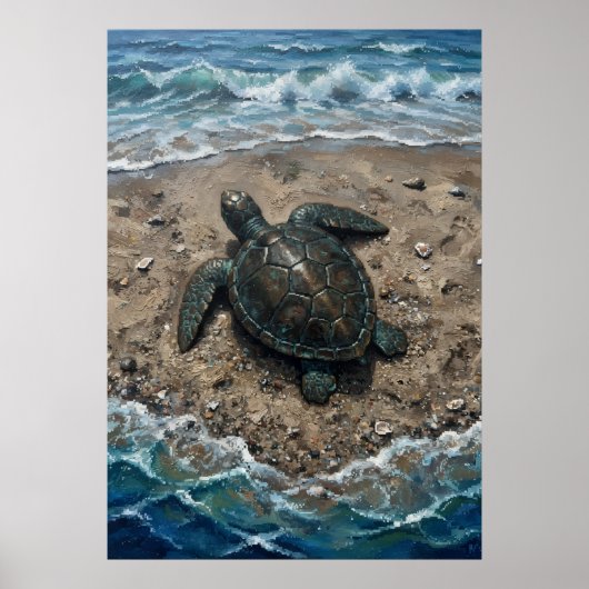 砂浜の波とウミガメの油絵 ポスター (正面)