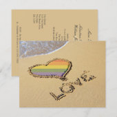 砂浜の虹色の愛のハート 招待状 (正面/裏面)