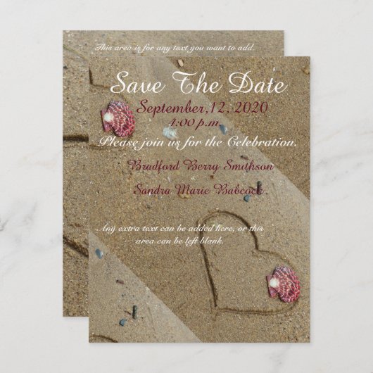 砂浜の貝殻とハートのSave the Date招待状 セーブザデート (正面/裏面)