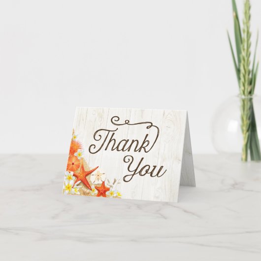 砂浜の貝殻と花の飾りが施された、素朴なビーチスタイルのサンキューカード サンキューカード (正面)