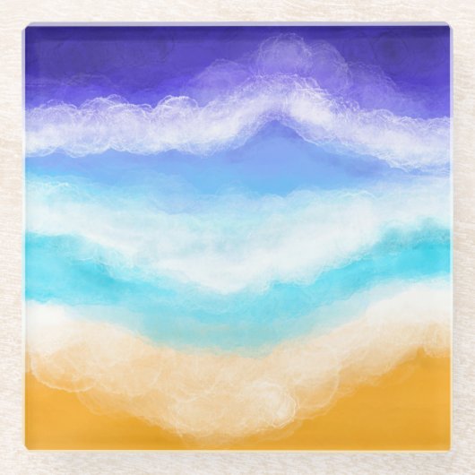 砂浜威厳のあるに浮かぶ青とティール（緑がかった色）の波 ガラスコースター (正面)