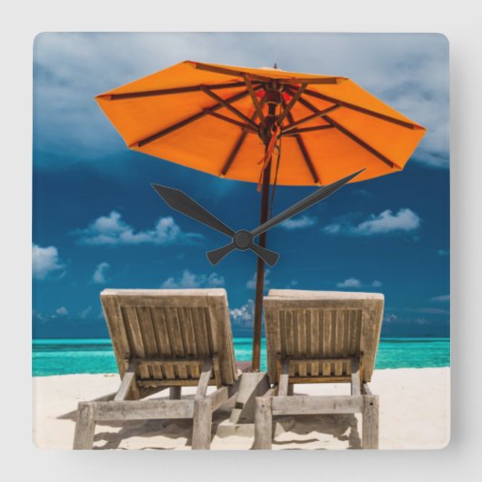 砂浜|Maldivesの日傘 スクエア壁時計 (正面)