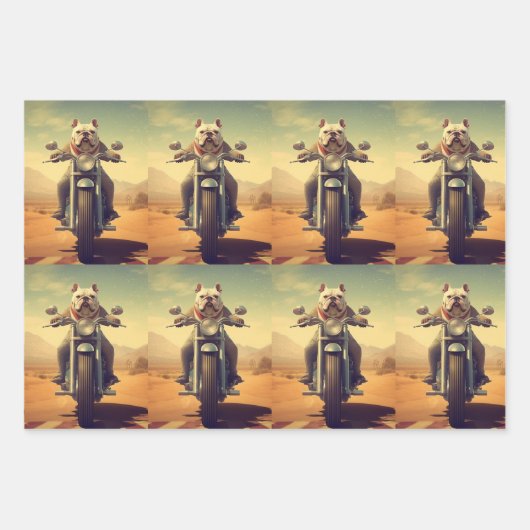 砂漠でオートバイに乗るブルドッグ ラッピングペーパーシート (正面3)