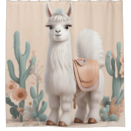 砂漠にサドルを持つラマ シャワーカーテン