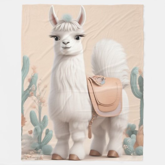 砂漠にサドルを持つラマ フリースブランケット (正面)