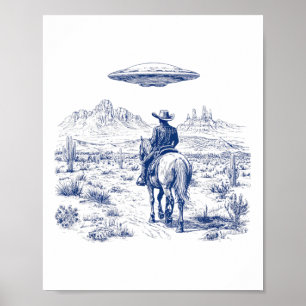 砂漠のカボスウェスターの上の馬Ufoに乗るカウボーイ ポスター