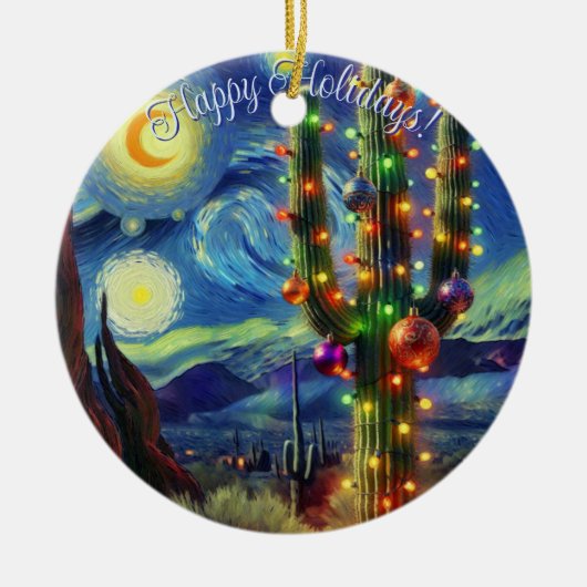 砂漠のクリスマスSaguaroサボスブルーグリーン セラミックオーナメント (正面)