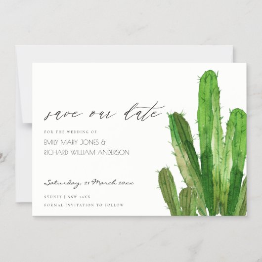 砂漠のサボテンの葉の水色日付を保存 マグネット招待状 (正面)