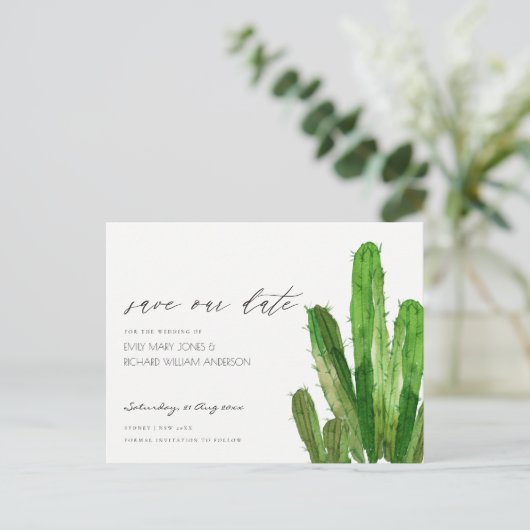 砂漠のサボテンの葉の水色日付を保存 案内ポストカード (スタンド正面)