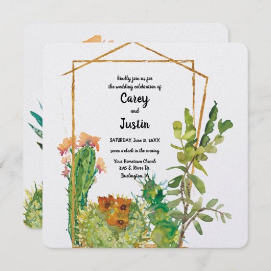 砂漠のサボテン水彩ウェディング 招待状 (正面/裏面)