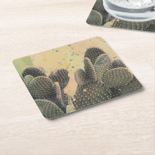 砂漠のサボテン|の緑の（ばちゃばちゃ）跳ねる スクエアペーパーコースター (アングル)