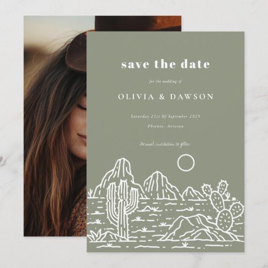 砂漠のサボテン ラインアート　写真　保存日 招待状 (正面/裏面)