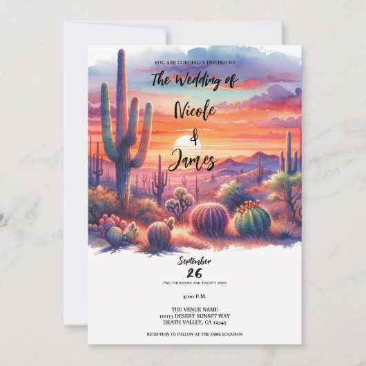 砂漠のサンセットグローウォーター色結婚南西 招待状 (正面)