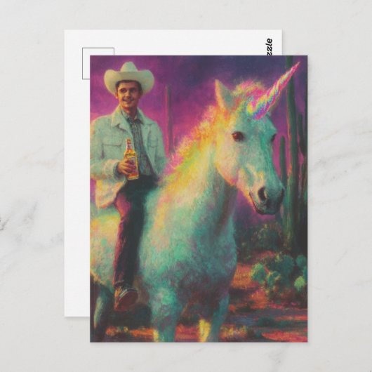 砂漠のシュール芸術の中でユニコーンに乗るカウボーイ ポストカード (正面/裏面)