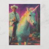砂漠のシュール芸術の中でユニコーンに乗るカウボーイ ポストカード (正面)