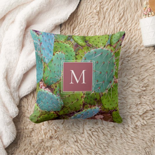 砂漠のトゲのナシのサボテンのモノグラム多肉植物 クッション (ブランケット)