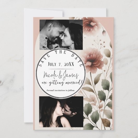 砂漠のバラピンク&グリーンフローラ日付を保存 招待状 (正面)