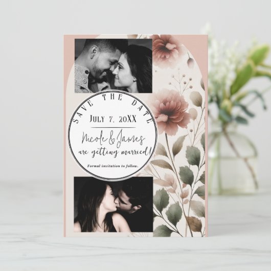 砂漠のバラピンク&グリーンフローラ日付を保存 招待状 (スタンド正面)