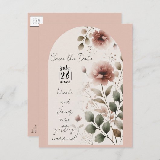 砂漠のバラピンク&グリーンフローラ日付を保存 案内ポストカード (正面/裏面)