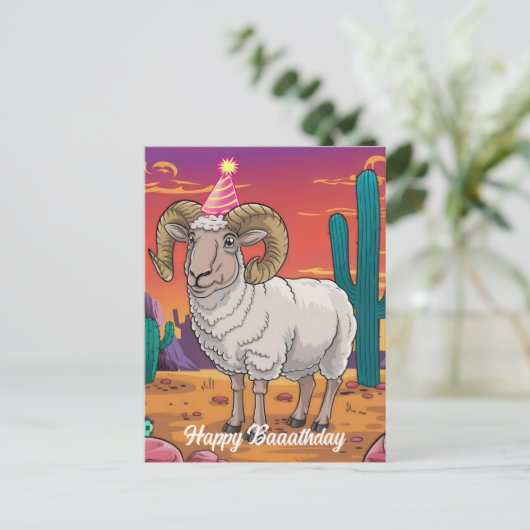 砂漠のビッグホーン羊とサボテンの漫画 ポストカード (スタンド正面)