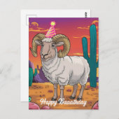 砂漠のビッグホーン羊とサボテンの漫画 ポストカード (正面/裏面)