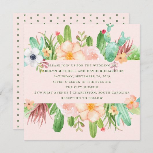 砂漠のピンクの水気が多い結婚式 招待状 (正面/裏面)