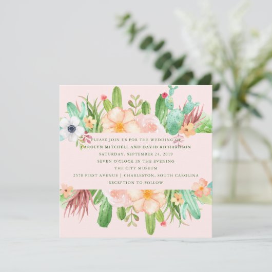 砂漠のピンクの水気が多い結婚式 招待状 (スタンド正面)