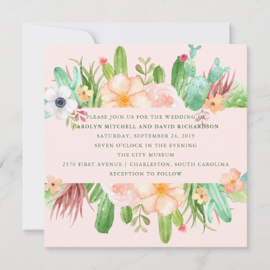 砂漠のピンクの水気が多い結婚式 招待状 (正面)