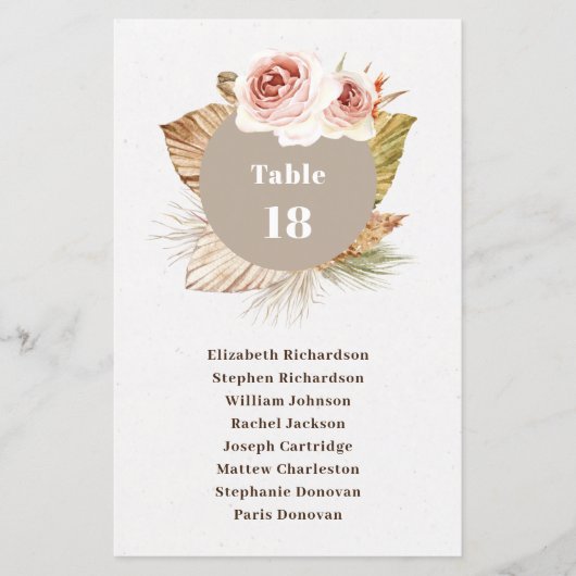 砂漠のフローラボホ結婚のシーティングチャート (正面)