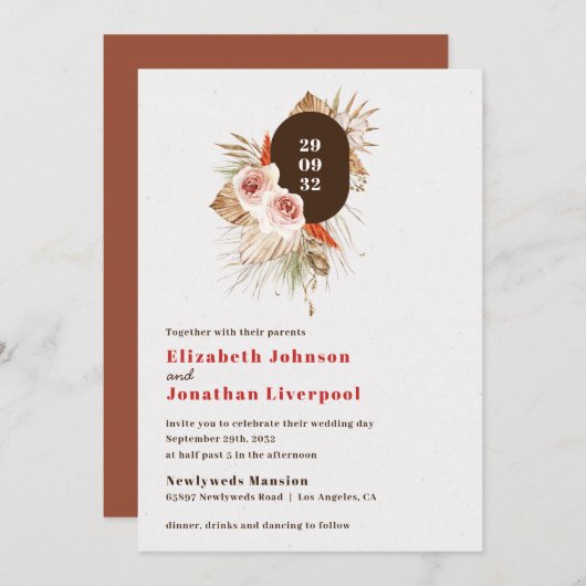 砂漠のボホフローラ地球トーンterracotta結婚の 招待状 (正面/裏面)