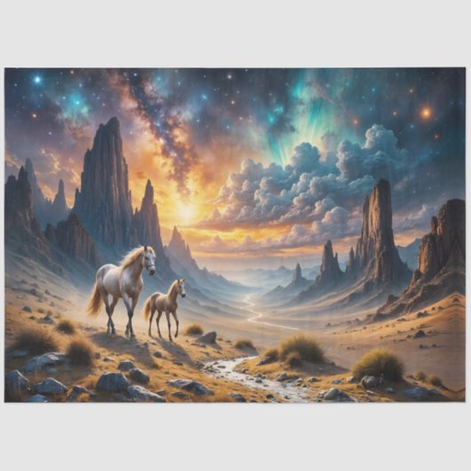 砂漠のマーレと星の下の群れの野生馬 薄葉紙 (正面)