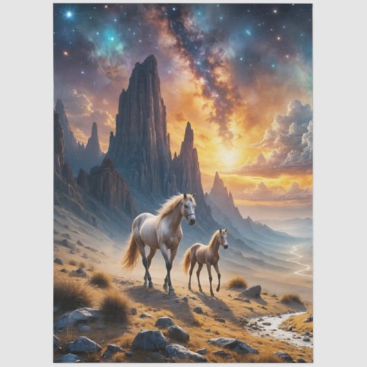 砂漠のマーレと星の下の群れの野生馬 薄葉紙 (正面)