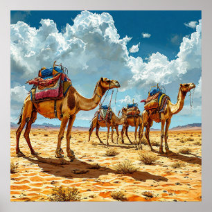 🐪 砂漠のラクダキャラバンとサハラ砂漠の日の入り ポスター