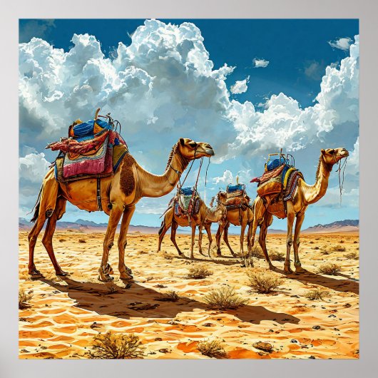 🐪 砂漠のラクダキャラバンとサハラ砂漠の日の入り ポスター (正面)