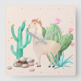 砂漠のラマ ケーキの花 スクエア壁時計