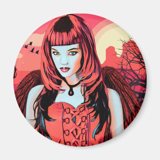 砂漠の中の赤いゴシック様式の天使の女性オリジナルアート マグネット (正面)