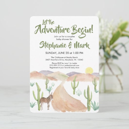 砂漠の冒険が多肉質ボホ赤ちゃんシャワーを開始 招待状 (スタンド正面)