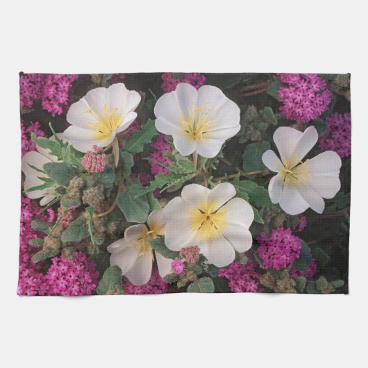 砂漠の夕べプリムローズと砂漠の砂のベルベナ キッチンタオル (横)