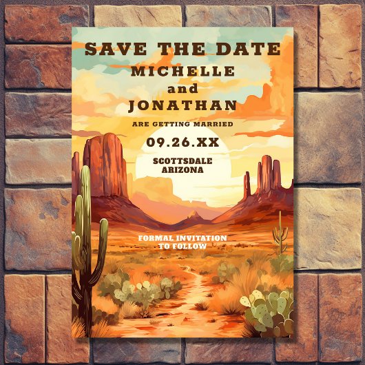砂漠の夕日とサボテン南西結婚の セーブザデート