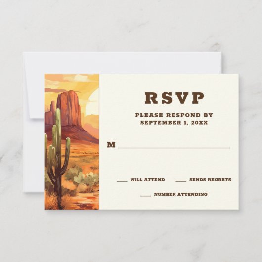 砂漠の夕日とサボテン南西結婚の 出欠カード (正面)