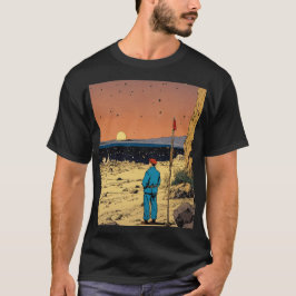 砂漠の夕日の中の孤独な旅人アート Tシャツ